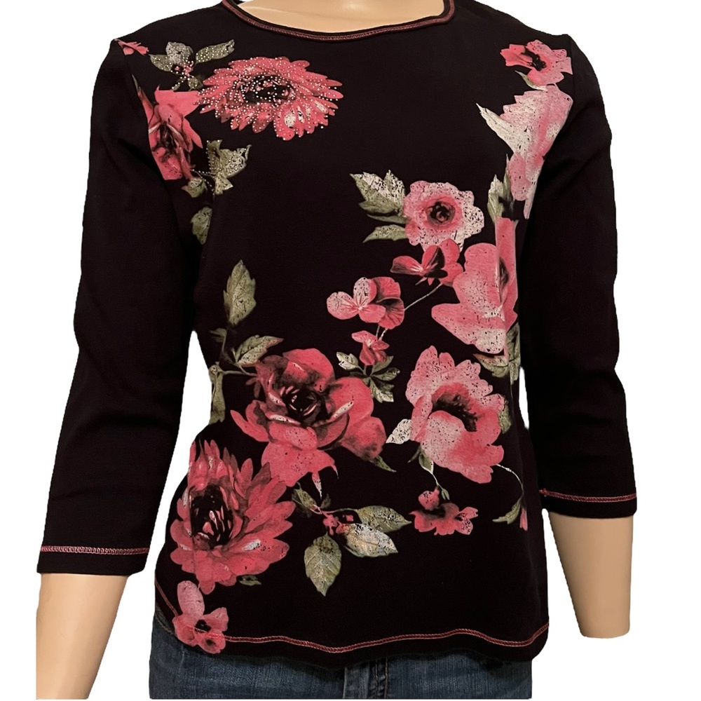 Vintage Y2K era Black w/ Barbie Pink Bling Flowers Shirt Cherry Blossoms 🌸?